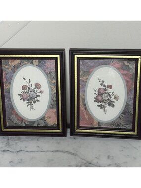Vintage Floral Framed Wall Art Set of 2 Gold Burgundy Frames Oval Matted Prints